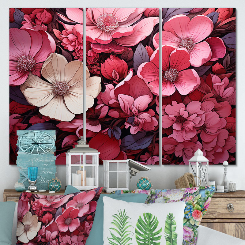 «Pink Twilight Poppies Glow Collage» - Art mural coquelicots, Toile tendue, H 28 po x l 36 po x P 1 po
