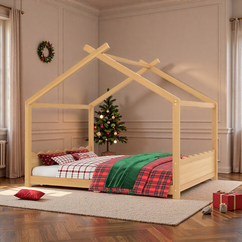 Lit de maison avec lattes de soutien, cadre de lit de maison en bois massif pour enfants, pas de sommier tapissier et structure d'ouverture