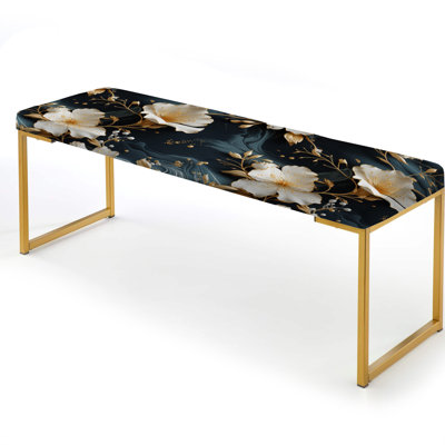 Gilded White Floral Marble Splendor - Marble Upholstered Gold Bench