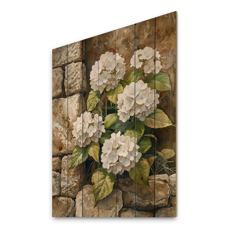 Mur d'hortensias près de la pierre - décoration murale en bois d'hortensias - sur bois de pin naturel