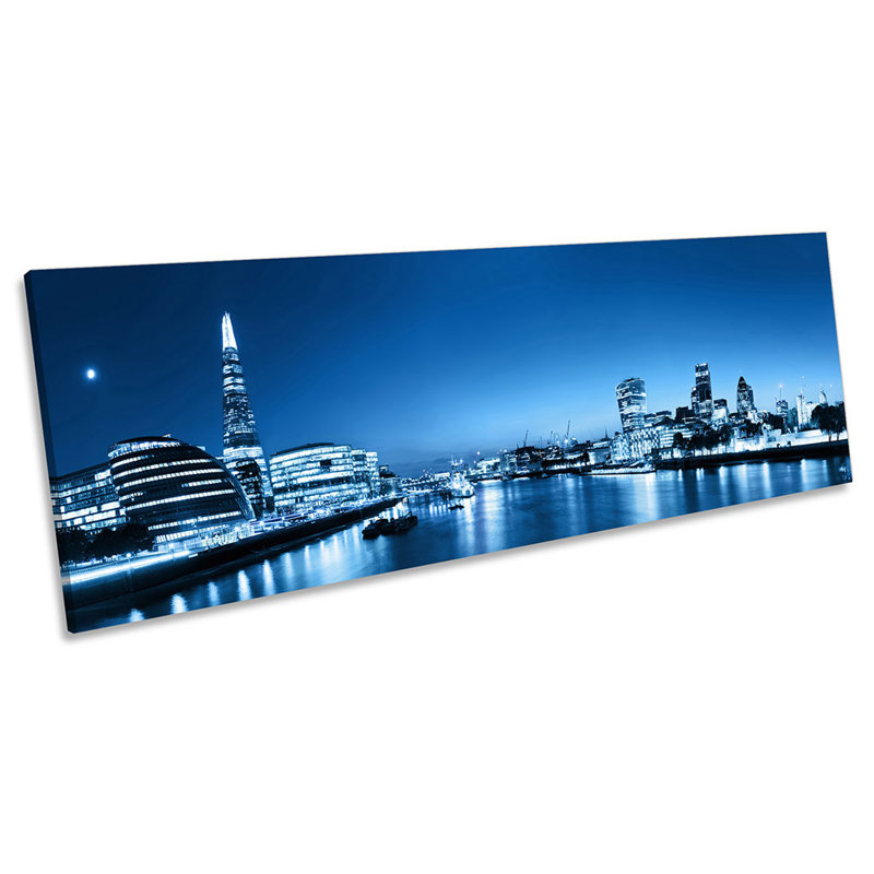 London City Skyline Blue - Wrapped Canvas Panoramic Art Prints, 30.48cm H x 91.44cm W