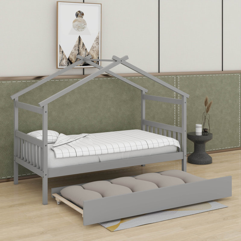 Lit simple en bois avec lit gigogne simple, Gris, Simple