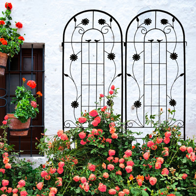 Paquet de 2, treillis en métal antirouille de 86,7 po x 19,7 po, support de fleurs pour l'extérieur, raisin, pois, noir, assemblage facile, rose de jardin en fer robuste, haricots, à installer,