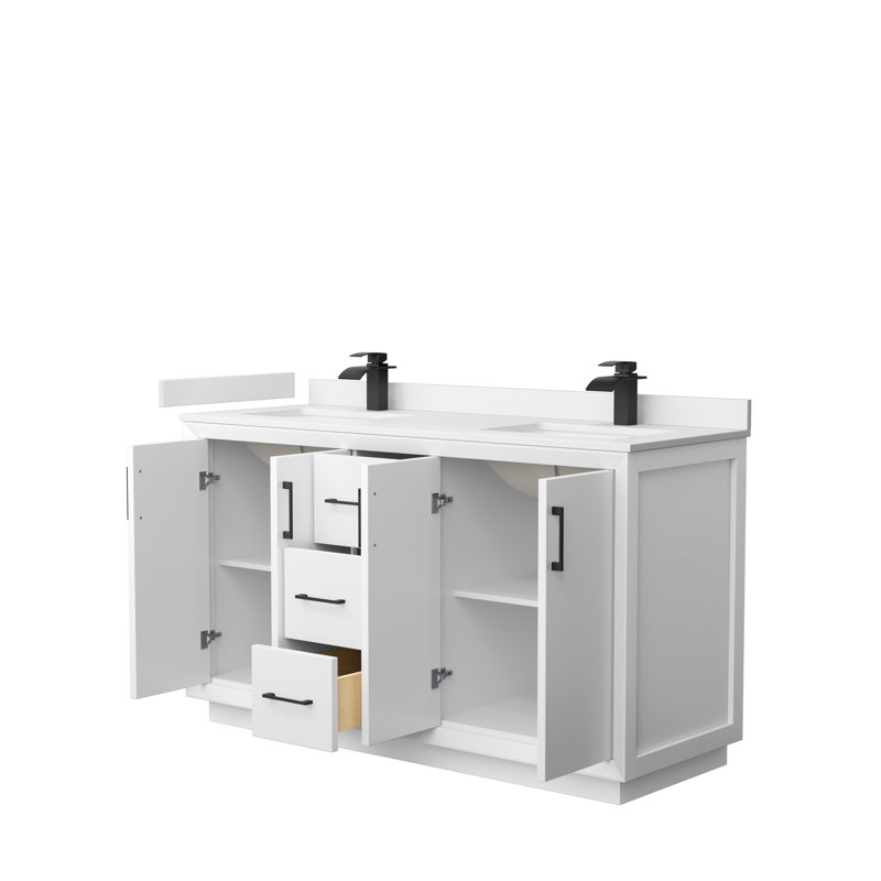 60'' Double Bathroom Vanity with Cultured Marble Top, Matte Black, White, White Cultured Marble