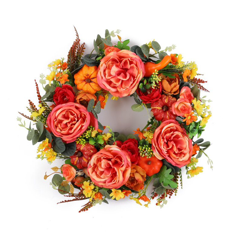 Couronne artificielle de pivoines d'automne et de citrouille, couronne florale d'automne 17,7 po avec eucalyptus, décoration de couronne de porte d'entrée pour la maison et le porche
