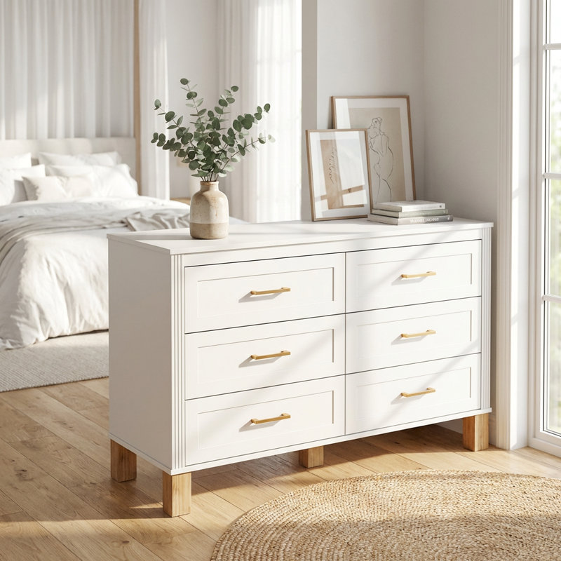 Commode double moderne à 6 tiroirs avec poignées en métal et pieds en bois massif, armoire de rangement spacieuse