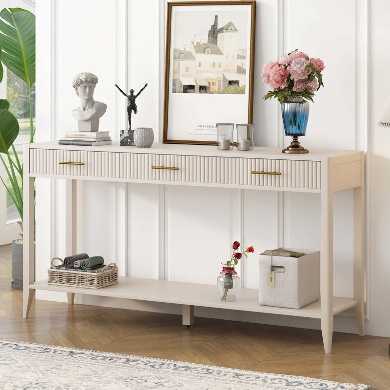 60" Painted Console Table With 3 Drawers, Beige/Beige