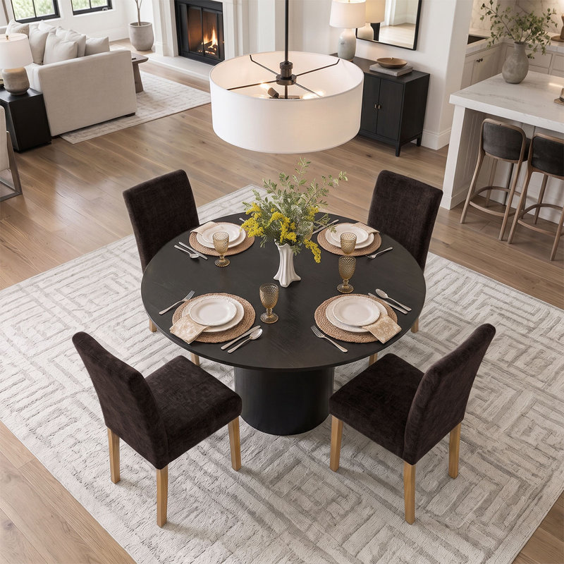 Ensemble de table de salle à manger pour 4 personnes avec table ronde et 4 chaises rembourrées en lin, Brown