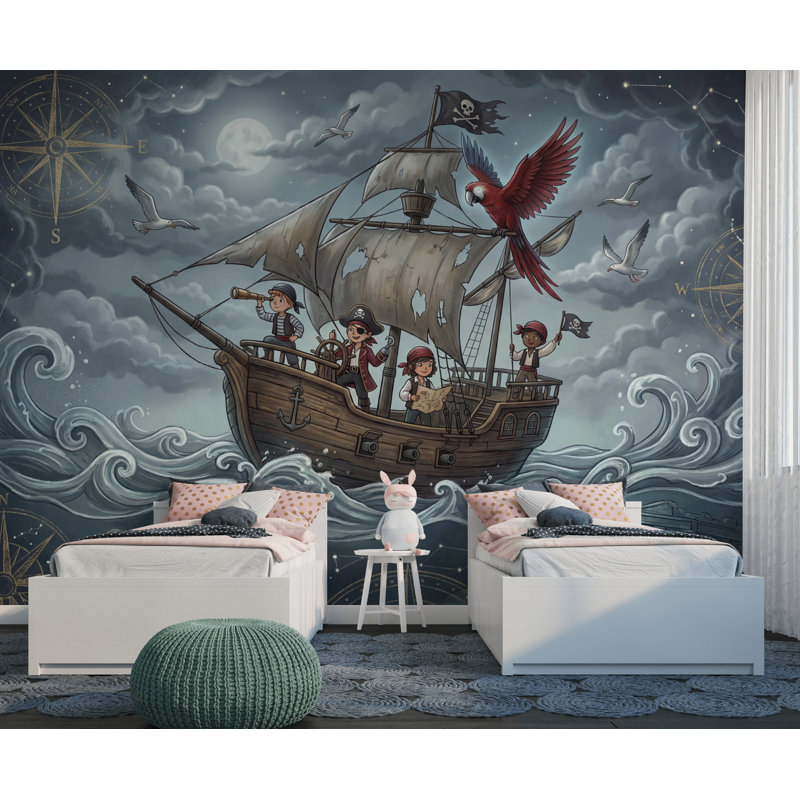 Papier peint bateau pirate avec lune et lune, 100 po x 96 po, Peler et coller