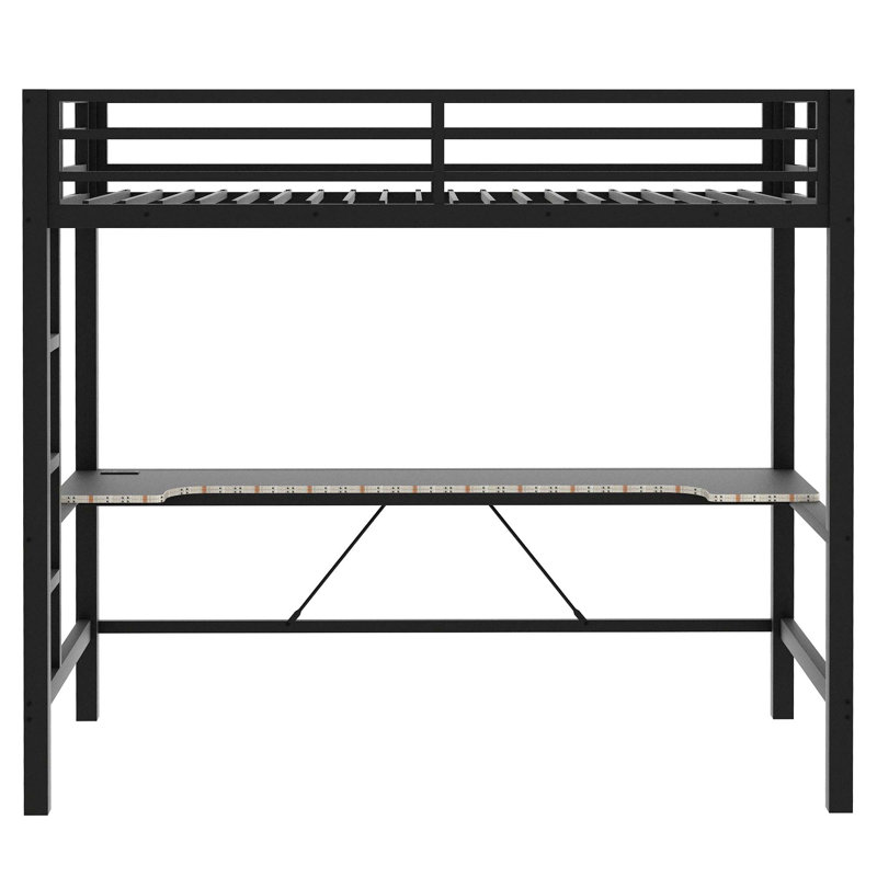 Base de lit mezzanine en métal avec lumière DEL, station de charge USB et bureau Gaming, Lit simple, Noir