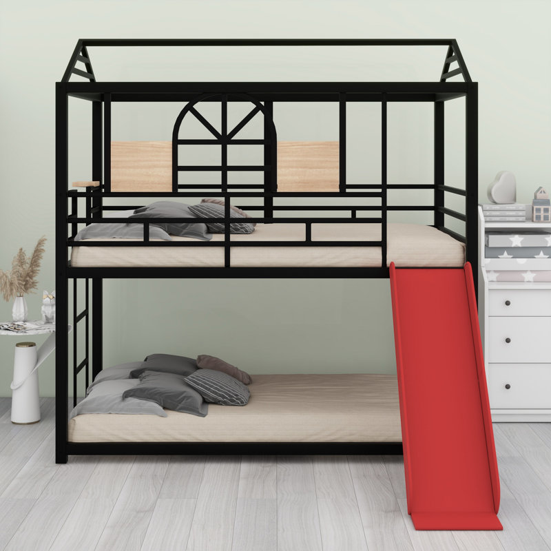 Metal House Bunk Bed With Slide, Black/Red