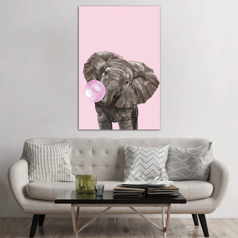 Art d’éléphant de gomme à bulles, H 60 po x l 40po x P 1,5 po, Toile tendue