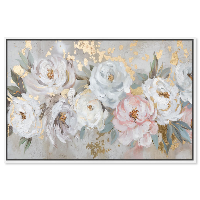 Art, art floral sur toile, H 25 po x l 37 po, Cadre flottant blanc