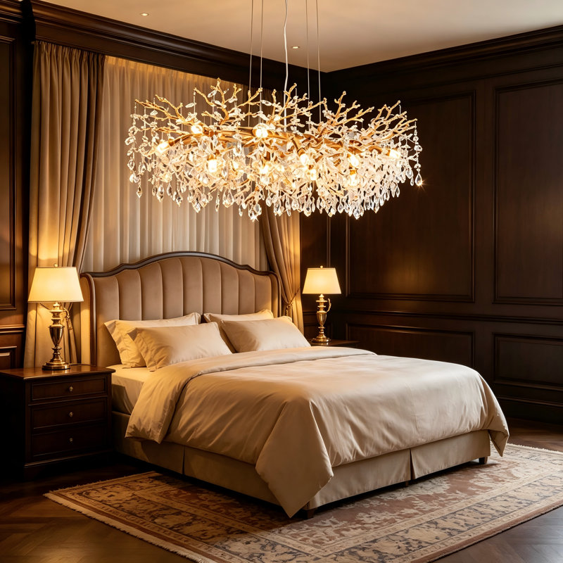 Lustre moderne en cristal doré de 125 cm (49,2 po), suspension rectangulaire à 14 lumières en forme de branches d'arbre avec cristaux en forme de goutte de pluie pour salle à manger et îlot de cuisine