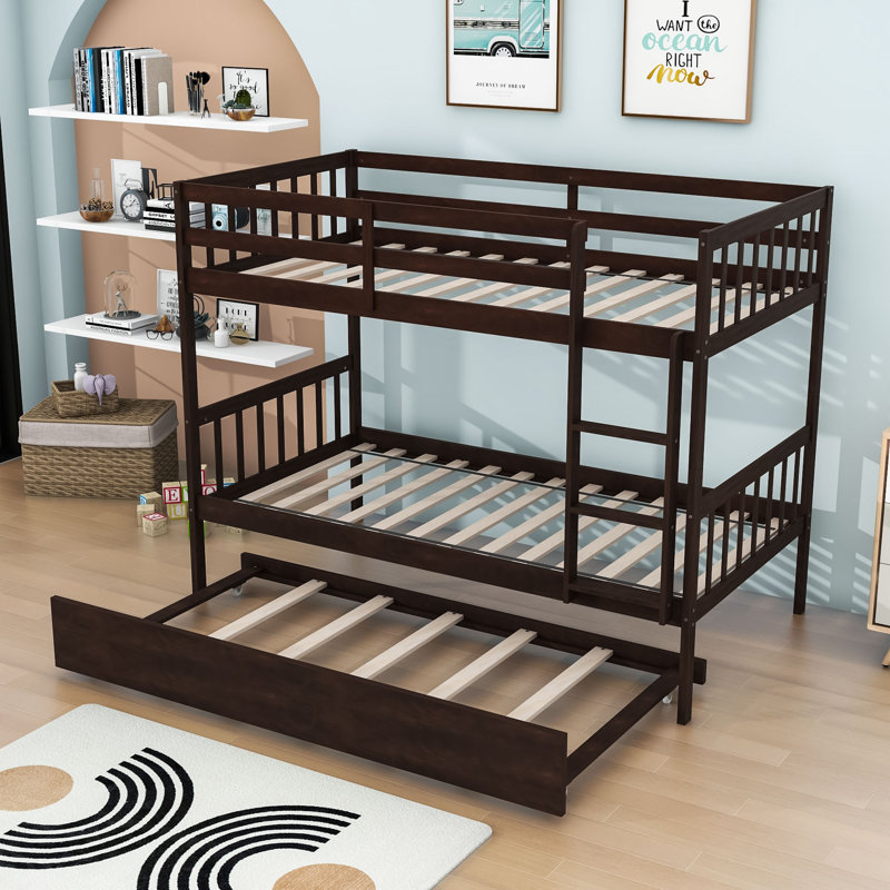 Dedrah Twin Over Twin Wood Bunk Bed With Twin Trundle, Espresso