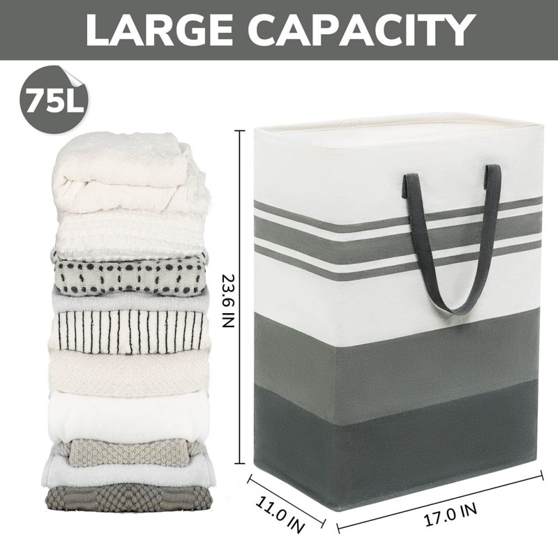 2-Pack 75L High Clothes Storage Basket With Extended Handle, Foldable, Grey