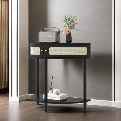 Unique Half Moon Design End Table With Sliding Rattan Door,Elegant Semi-Circle Entryway Console Table With 2 Rattan Storage Cabinet And Bottom Shelf For Living Room, Bedroom, Study, Hallway