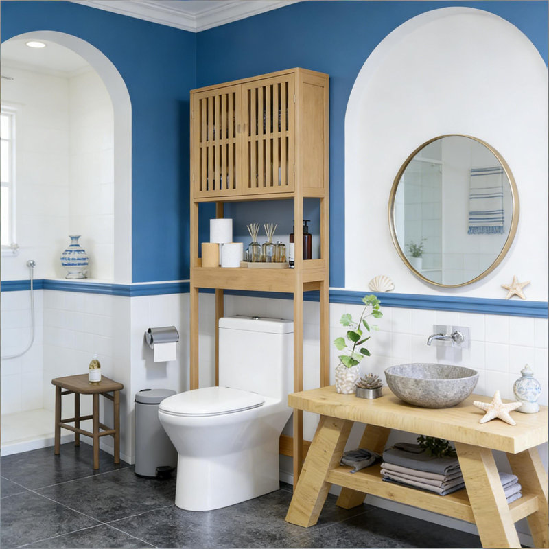 Bamboo Over The Toilet Storage Cabinet with Slatted Doors and Adjustable Shelf