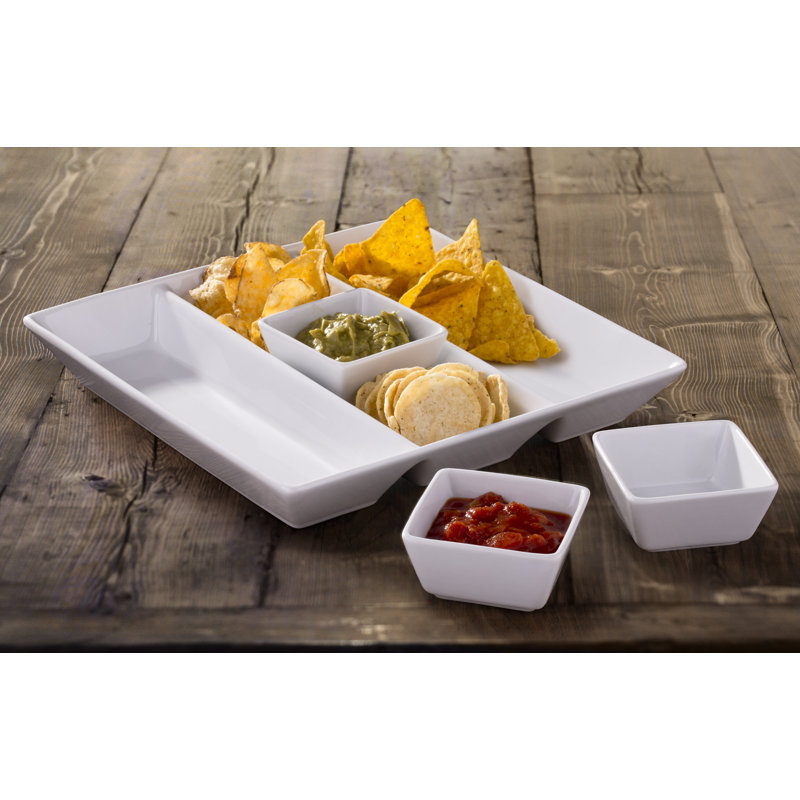 4 Piece Porcelain Chip and Dip Tray Set in White