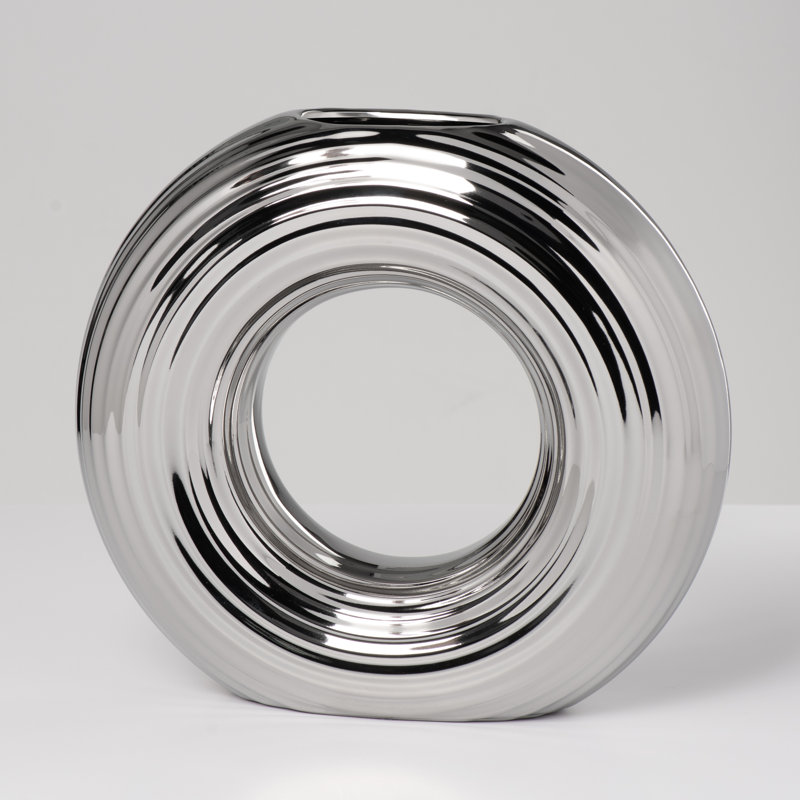 Halo 9" Ribbed Donut Ceramic Silver Vase, Silver