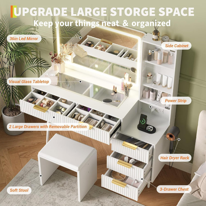Modern Vanity Table with Mirror & LED Lights, Particleboard, White