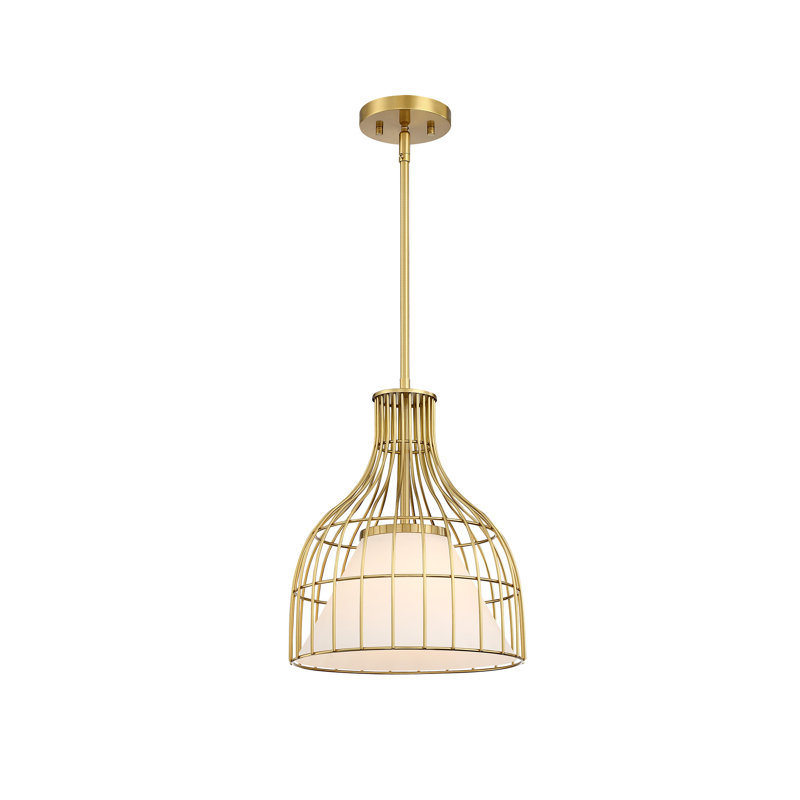 Aukerman 60 Watt 1-Light Bell Pendant with Etched Opal Glass Shade and Metal Outer Cage, Burshed Gold
