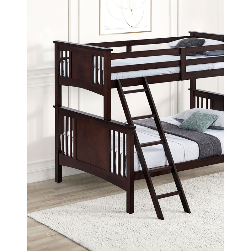 Modern Transitional Twin Over Full Bunk Bed, Dark Walnut Colored, Angled , Solid And Engineered Wood, Connection Joint Walnut, Wood Structure, Insertion Point