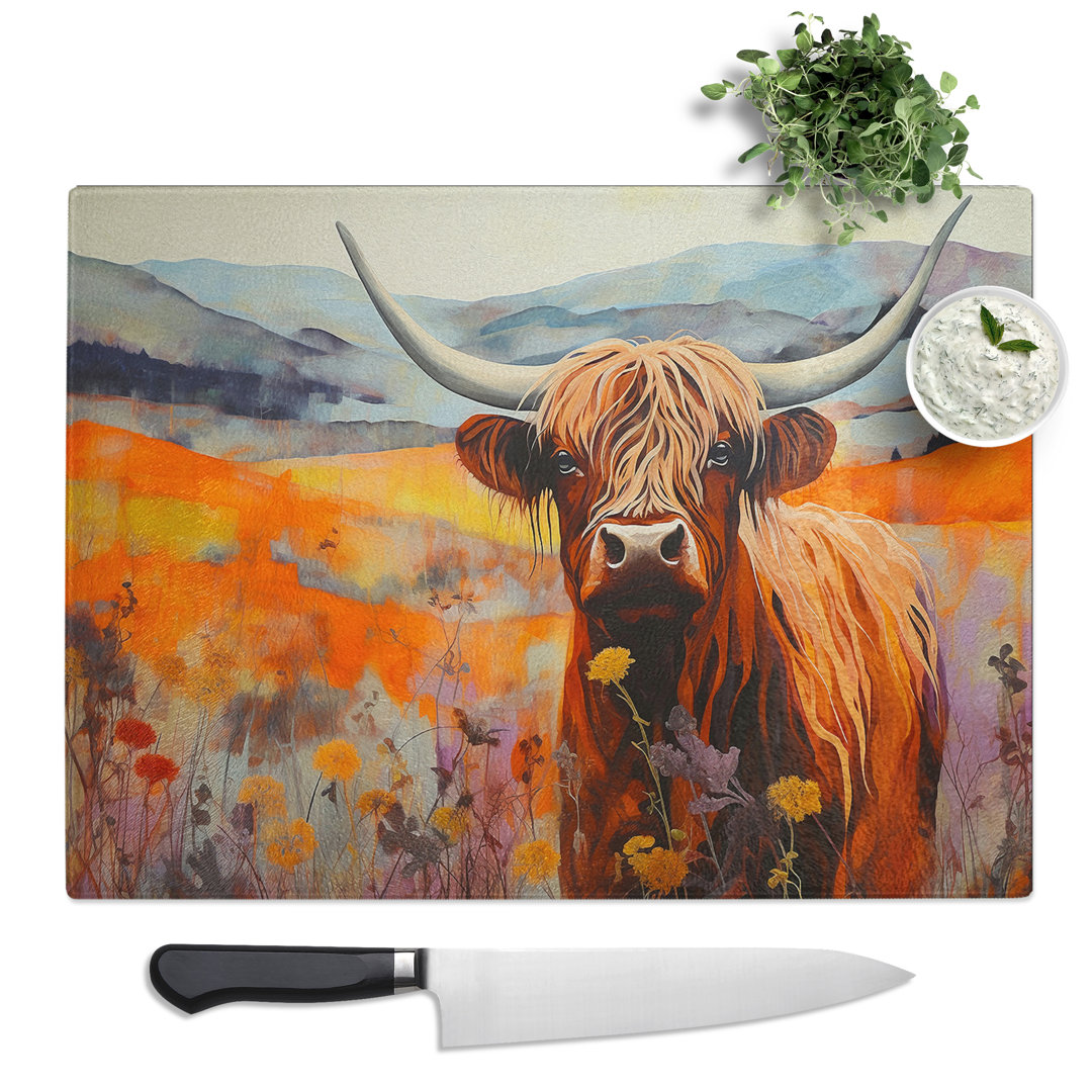 Highland Cow Colour Field  Glass Chopping Board