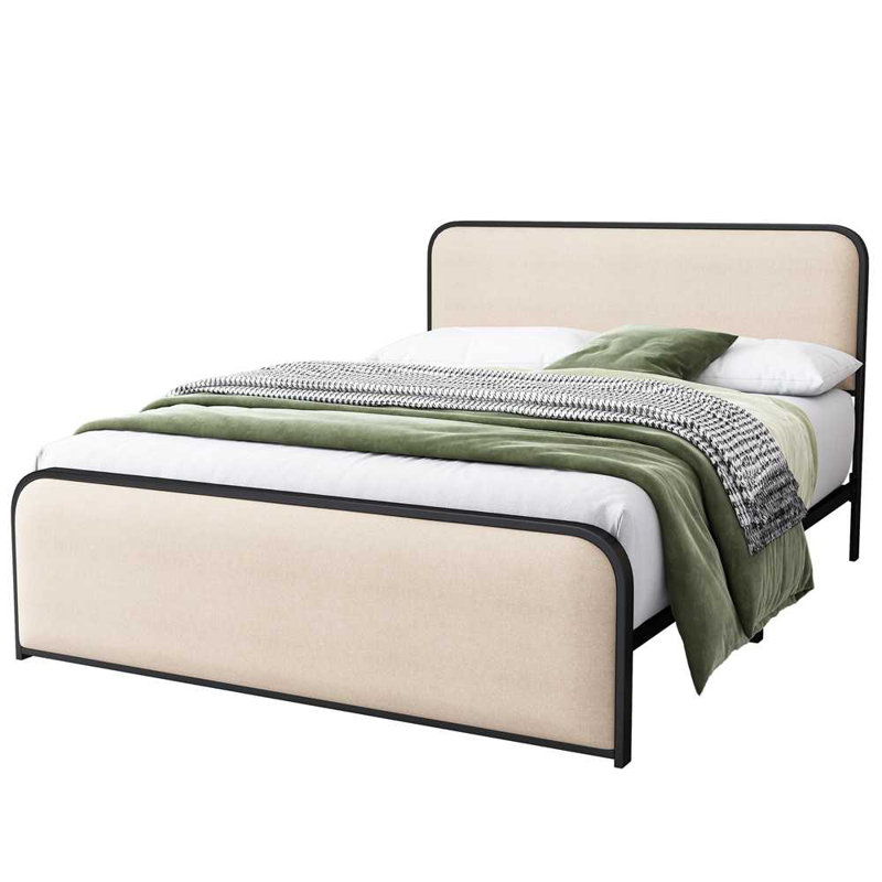 Modern Metal Bed Frame With Upholstered Headboard And Footboard, Beige, No, King