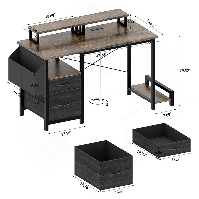 47"Office Desk With Power Outlet,2 Monitor Stands,2 Drawers,Side Pocket,Easy To Assemble,Frame Stability Reversible,Use For Home Desk, Computer Desk, Game Table