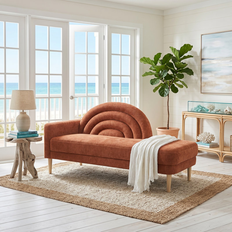 Modern Rainbow-Inspired Curved Backrest Chaise Lounge with Tapered Wood Legs, Ocher Linen, Ocher