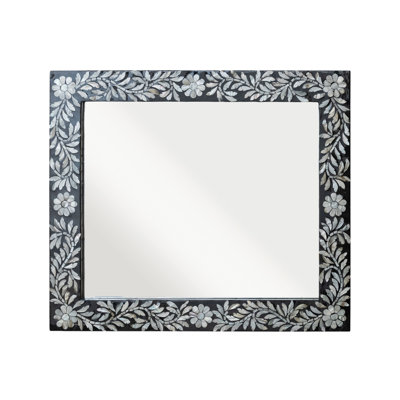 Wood-Framed Wall Mirror With Inlaid Mother Of Pearl Floral Design