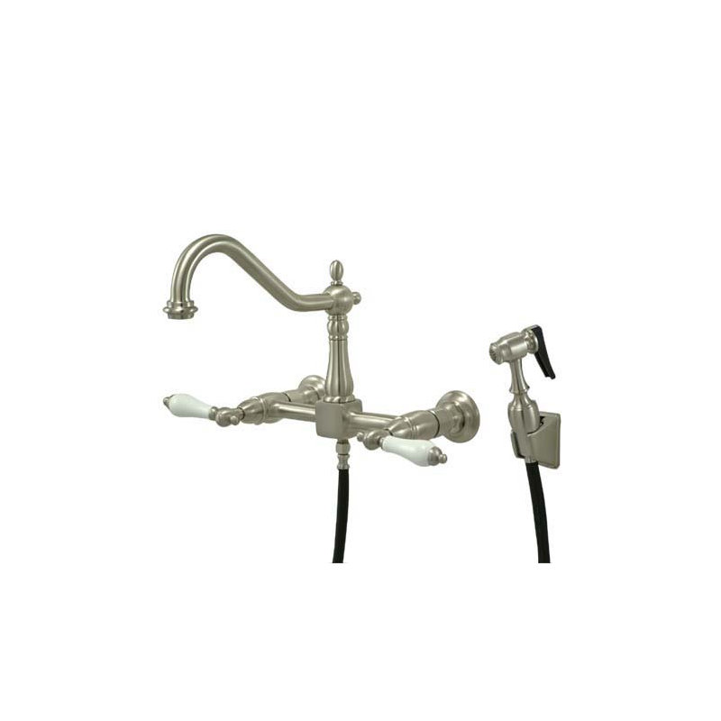 Heritage Double Handle Wall Mount Bridge Kitchen Faucet with Porcelain Lever Handles and Side Spray, Brushed Nickel