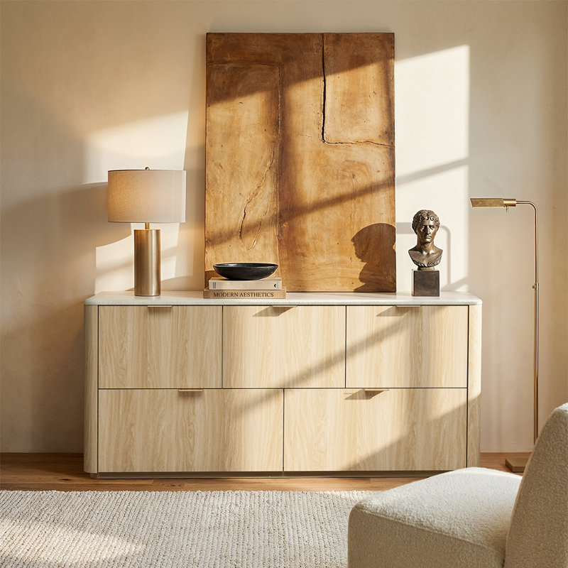 Corentin Faux Travertine 5 Drawers Dresser 51.2" Wide Modern Wood Chest For Bedroom Living Room