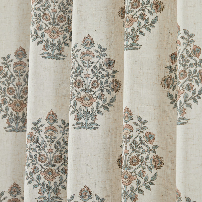 Sofia Flower Block Bouquet Linen Textured Window Curtain Panels Clay/Teal Pair 37x84