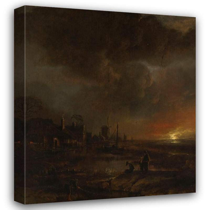 «Fishing at Night» par Aert Van Der Neer - Art mural sur toile tendue avec châssis, H 24 po x l 17 po