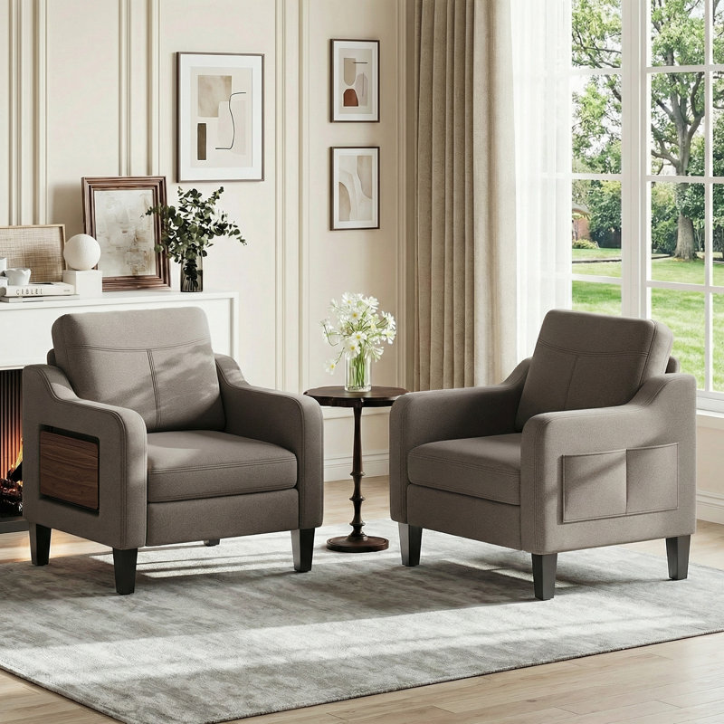 Mid-Century Modern Accent Chair, PU Leather, Solid Wood Frame With Foam Cushions, Yes, Beige Fabric