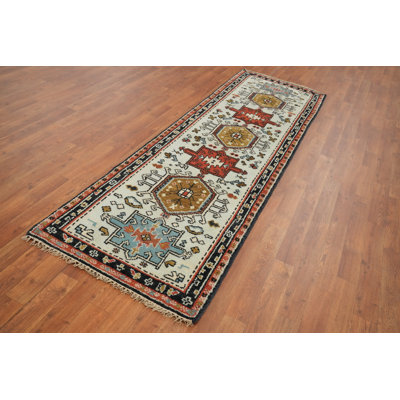 Geometric Wool Kazak Indian Runner Rug 3x8