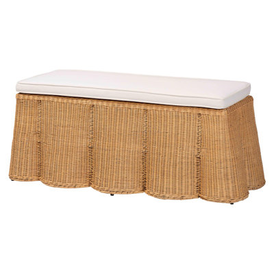 Bali & Pari Palm Scallop Natural Rattan Ottoman With Cushion – Handwoven Wicker Accent Bench