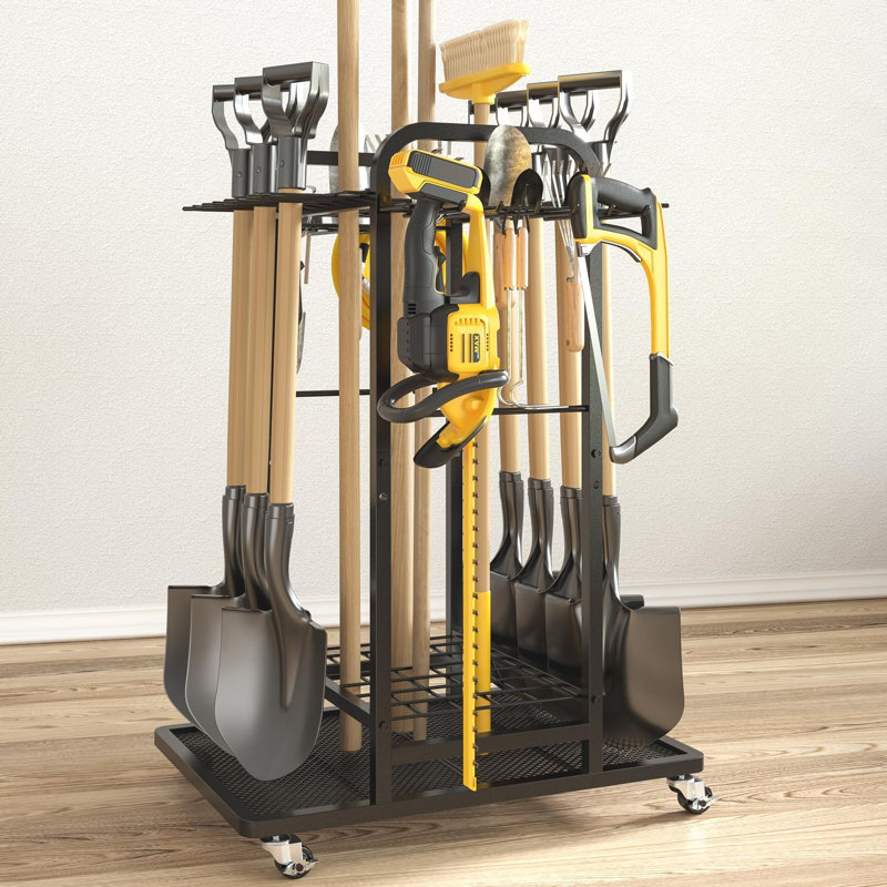 Rangement pour outils de jardin avec roues verrouillables, porte-outils robuste pour la cour à 3 niveaux