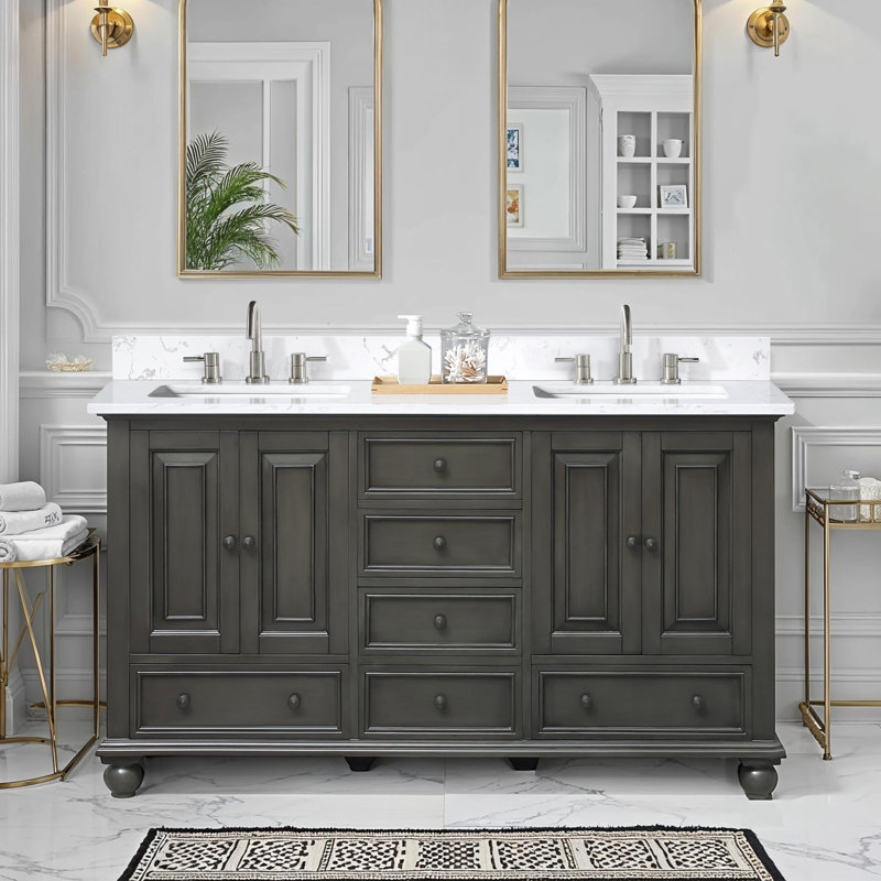 Thompson 61" Double Modern Bathroom Vanity Set, Charcoal Glaze, 72", Carrera White