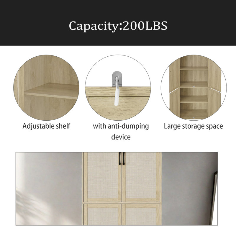 Armoire à 4 portes, avec 4 tablettes intérieures réglables, armoire de rangement, Or / naturel