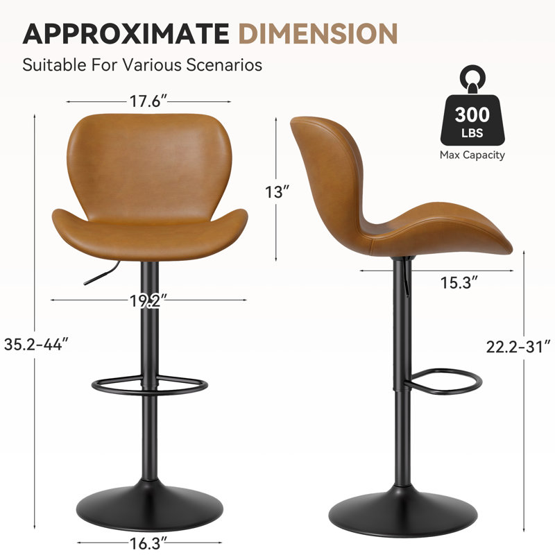 Ensemble de 2 tabourets de bar, tabourets de bar à hauteur de comptoir en cuir polyuréthane avec dossier, chaises de bar pivotantes réglables en hauteur, tabouret d'îlot de cuisine sans accoudoirs moderne