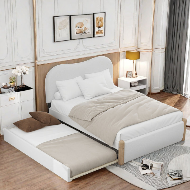 Lit plateforme tapissier avec pieds de support en bois et lit gigogne simple Madilyne, Double, Blanc