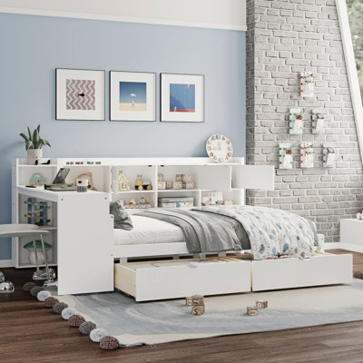 Full Wooden L-Shape Daybed, Multi-Functional Bed with Study Desk, Bookshelf, 7 Cabinets and 2 Drawers, White