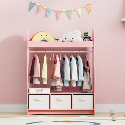 Elegant Kids Dress Up Wardrobe Closet With Child-size Mirror, Open Kids Armoire Wardrobe With 3-tier Storage Shelf And 3 Storage Drawers For Costume,