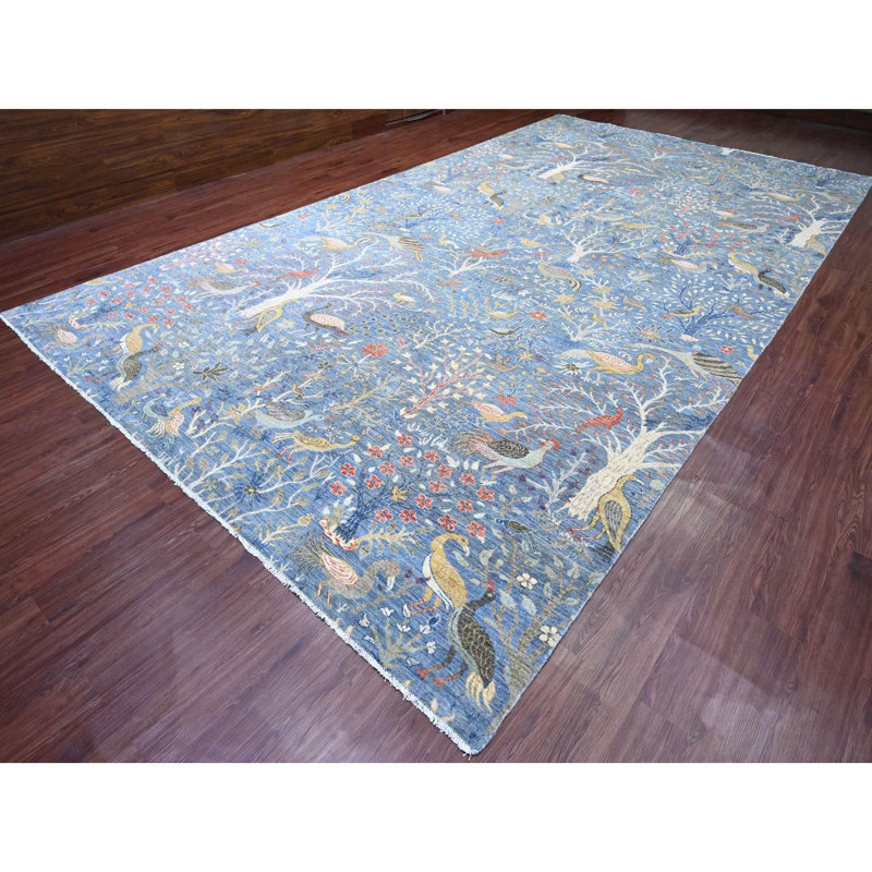 Tapis bleu en laine noué à la main 10 pi 2 po x 18 pi 5 po Peshawar