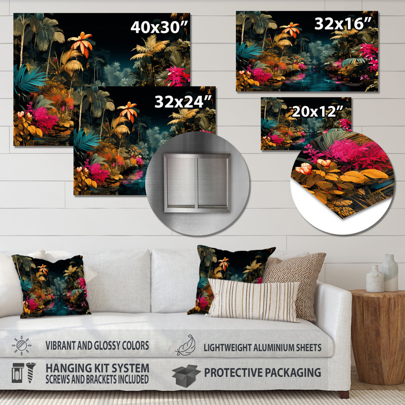 Fleurs roses et bleues de la jungle tropicale - Art mural en métal Jungle, H 12 po x l 20 po x P 1 po