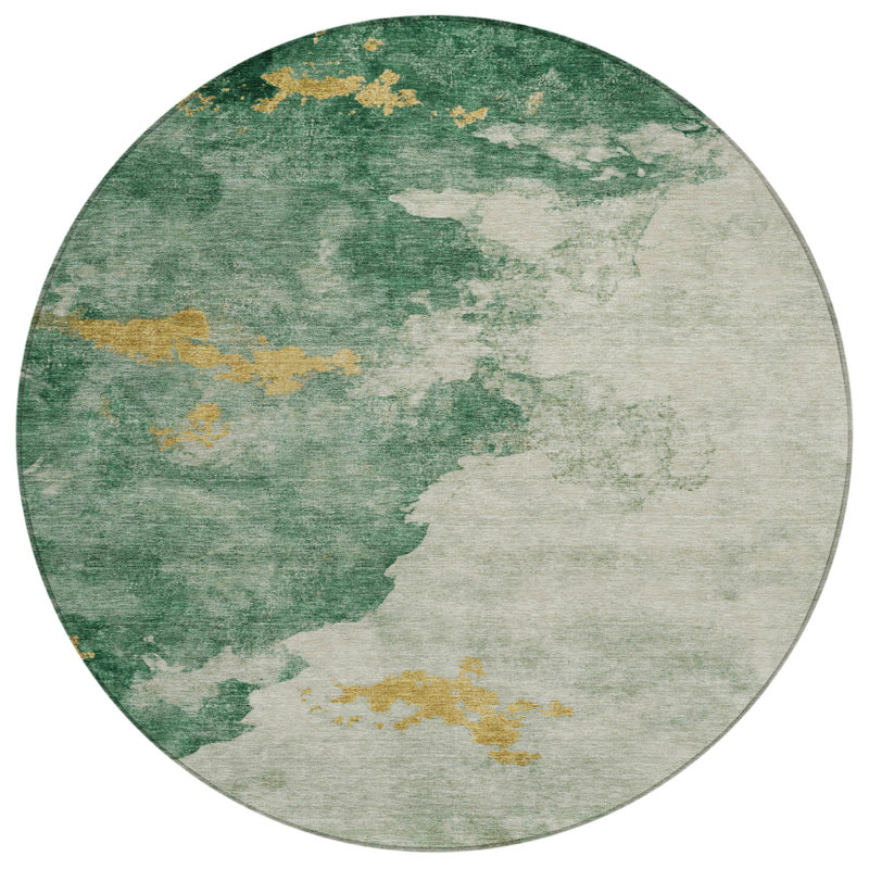 Tapis extérieur rond lavable abstrait émeraude et doré 8 pi