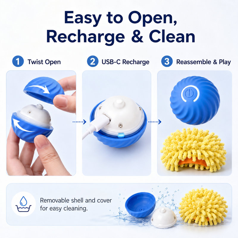 Jouet de balle intelligent pour animaux avec housse en peluche - 2,2 po / 2,64 po avec roulement interactif pour chats et petits / moyens chiens, 2 modes, rechargeable de type C, coque en TPU durable (bleu / orange)